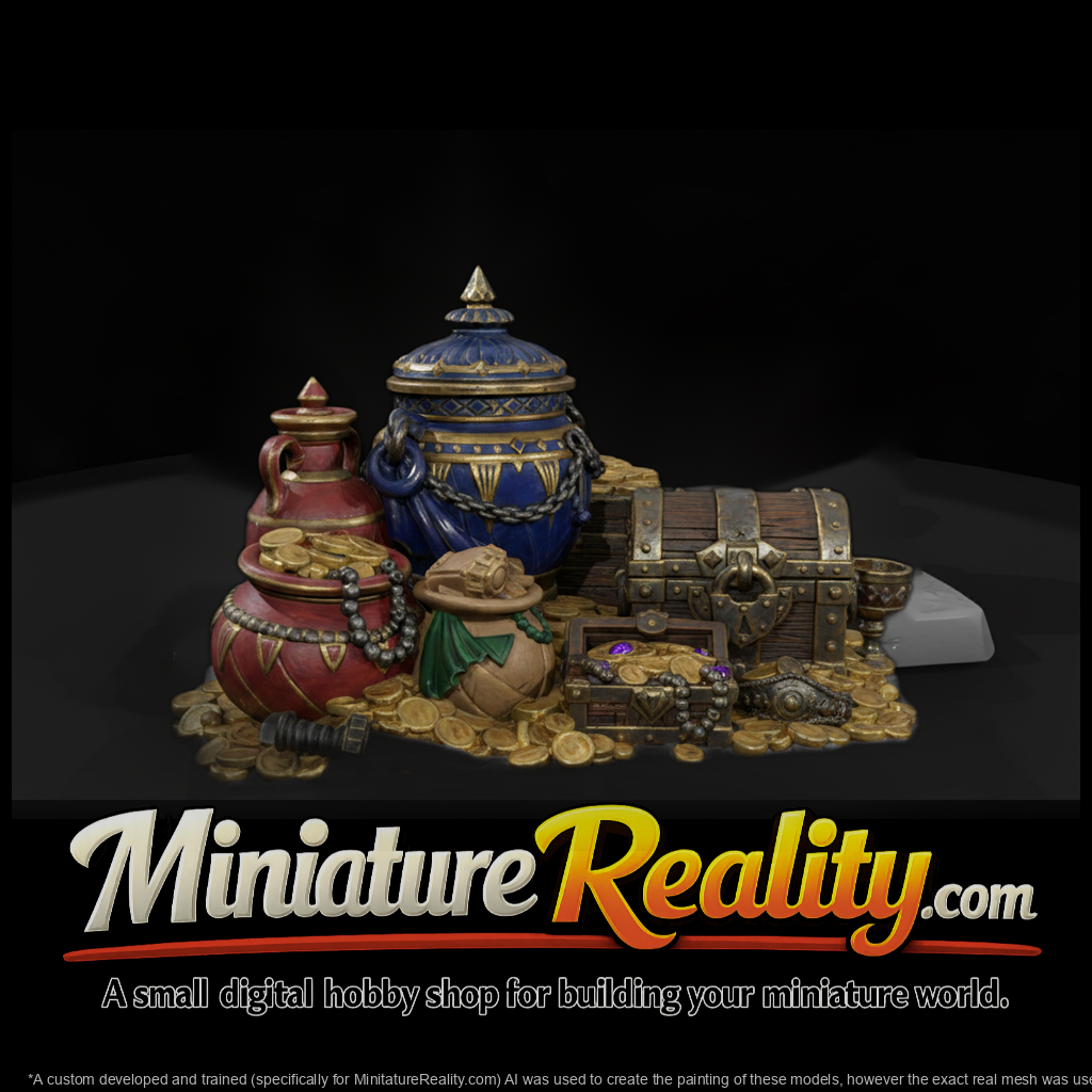 Treasure Hoard with Urns and Chest miniature, three-quarter view