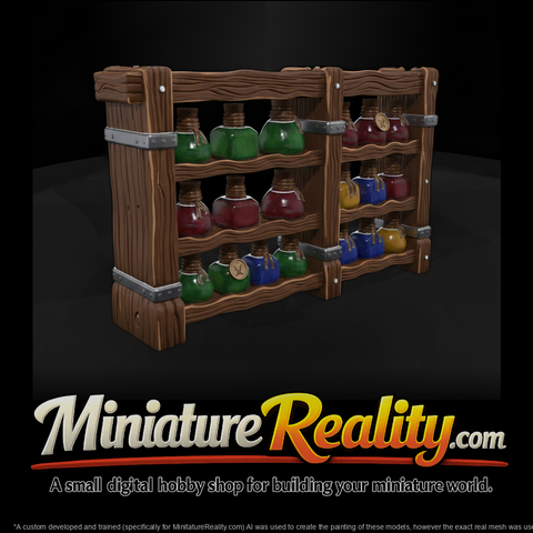 Stylized Medieval Potion Shelf miniature, three-quarter view
