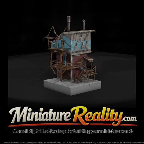 Two Story Weathered Building miniature, three-quarter view