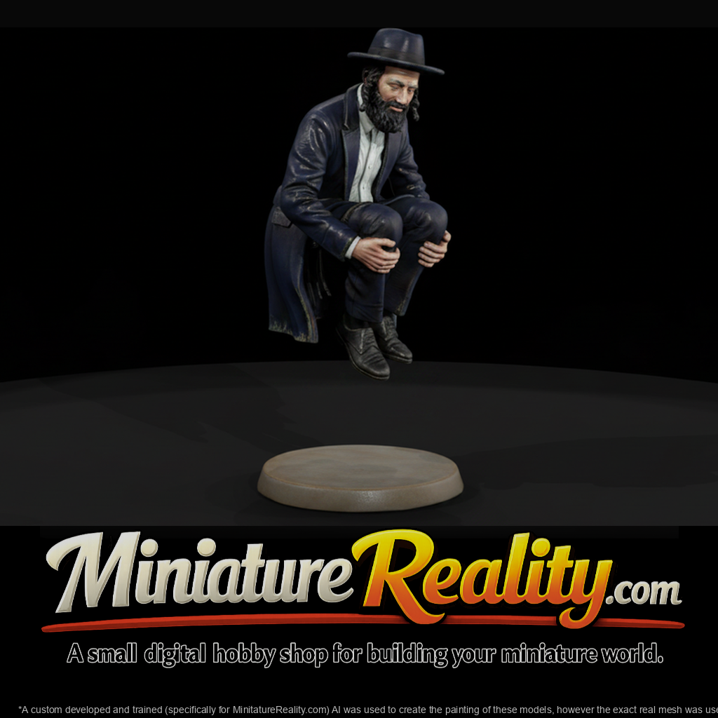 Hasidic Man in Black Coat Crouching