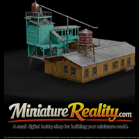 Feed mill grain processing building with rooftop water tank elevated storage silo and conveyor pipes miniature, three-quarter view — thumbnail 1