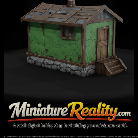 Weathered Run-Down Shack miniature, three-quarter view