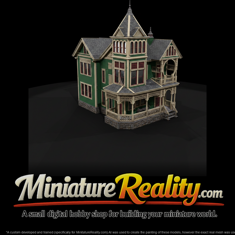 Victorian corner tower mansion miniature, three-quarter view