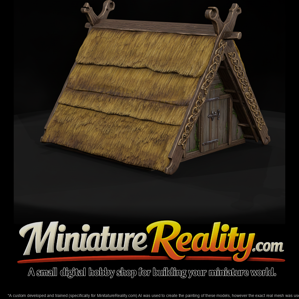 Viking Thatched House miniature, three-quarter view