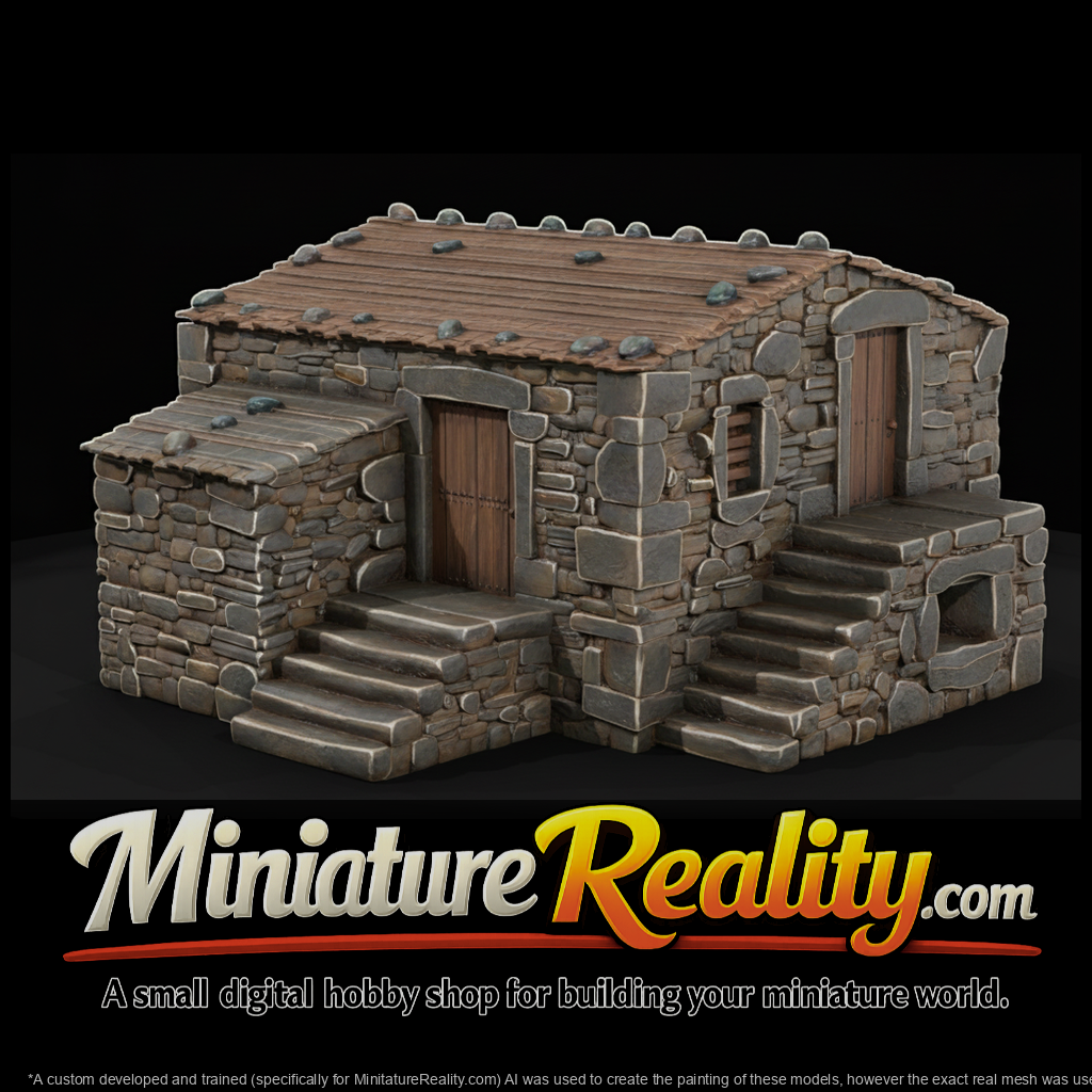 Rustic Stone Building miniature, three-quarter view