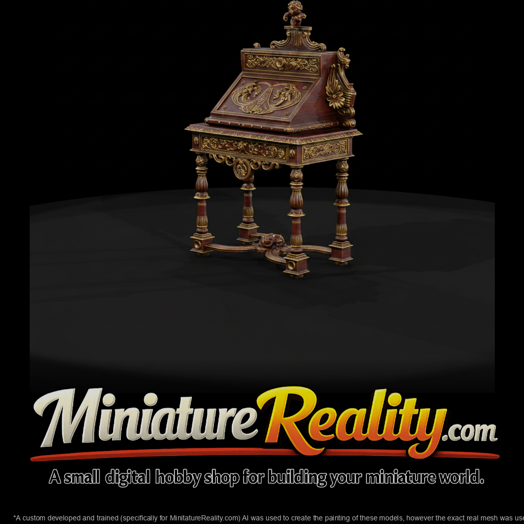 Ornate baroque secretary desk miniature, three-quarter view