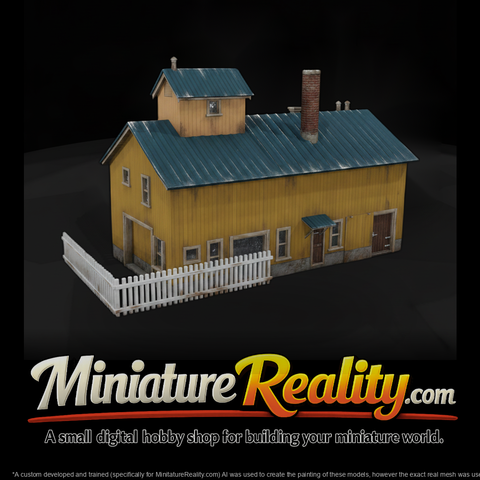 Weathered Garage Building miniature, three-quarter view