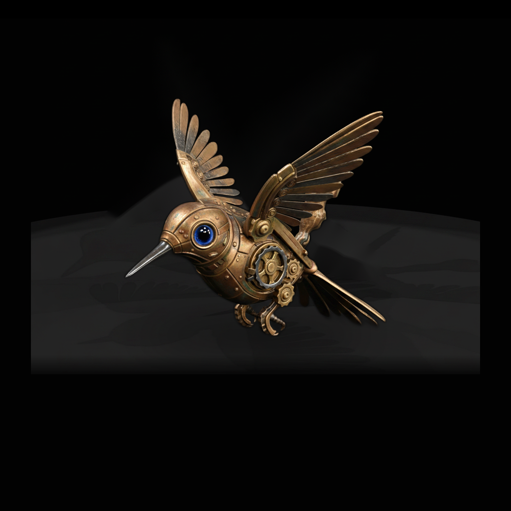 Brass Clockwork Hummingbird miniature, three-quarter view