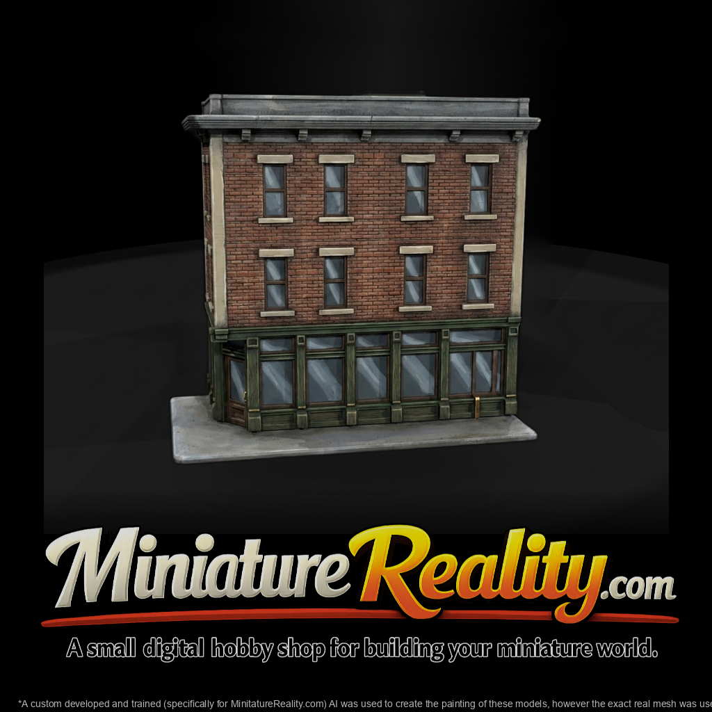 Corner storefront building miniature, three-quarter view