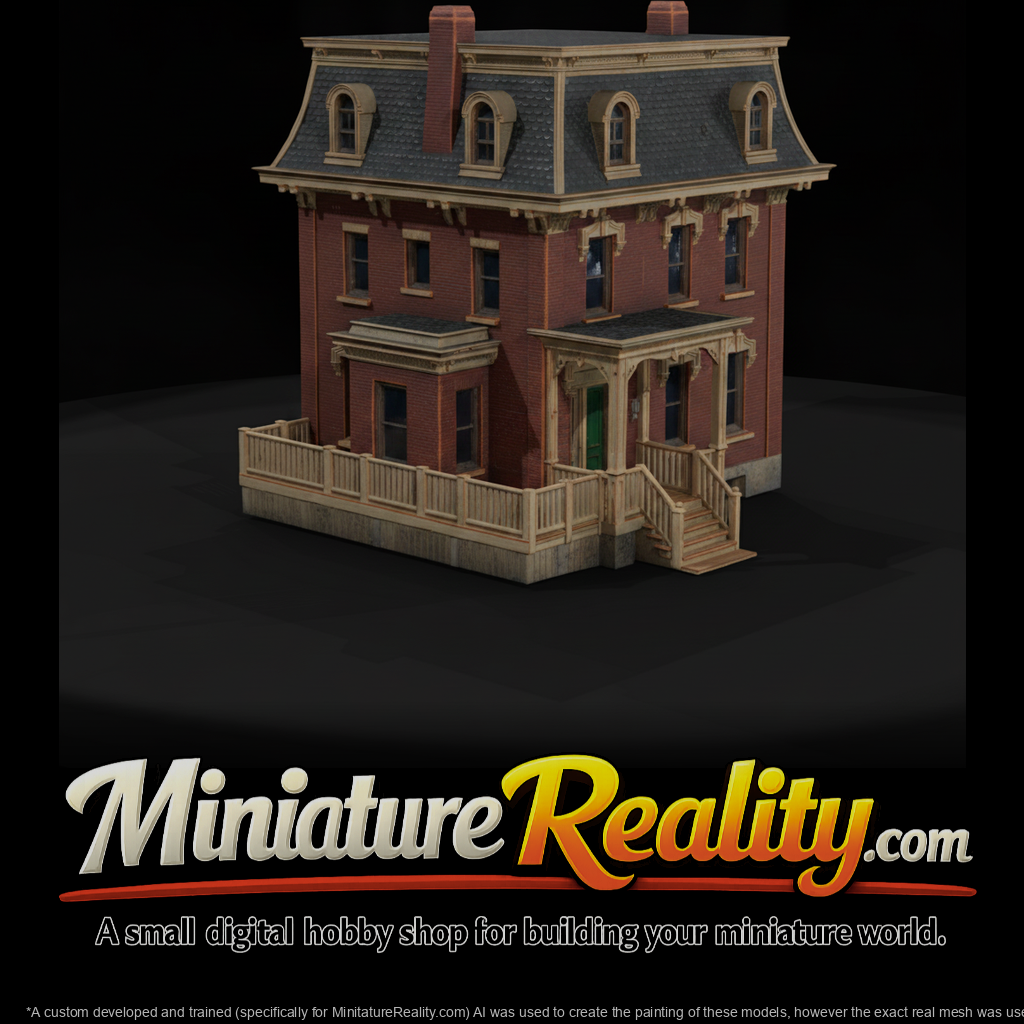 Victorian Brick House with Porch miniature, three-quarter view
