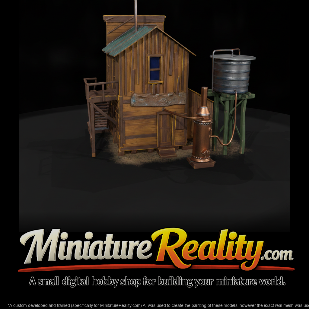 Wooden Industrial Building Water Tower miniature, three-quarter view