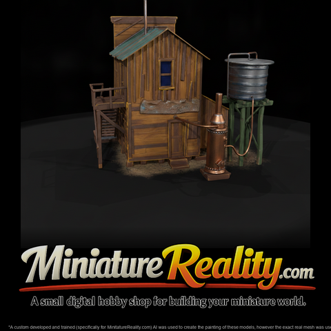 Wooden Industrial Building Water Tower miniature, three-quarter view