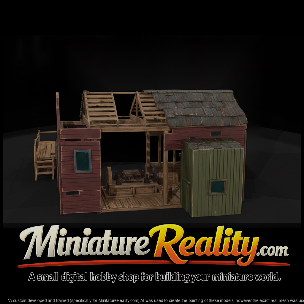 Dilapidated Wooden Building miniature, three-quarter view