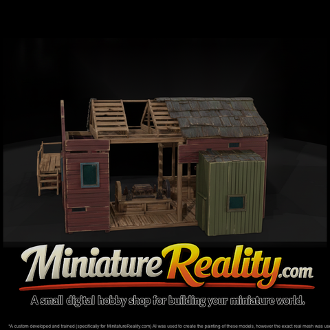 Dilapidated Wooden Building miniature, three-quarter view