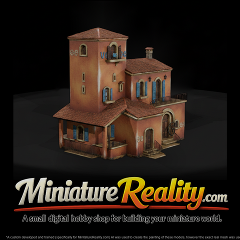 Mediterranean Tower House miniature, three-quarter view