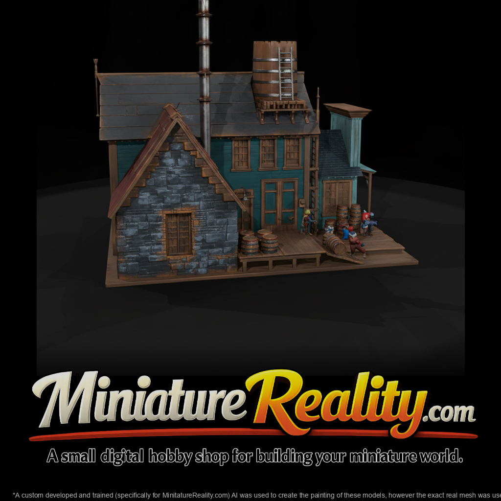 Rustic Industrial Building miniature, three-quarter view