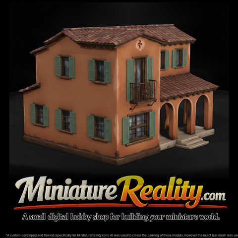 Mediterranean Stucco House miniature, three-quarter view