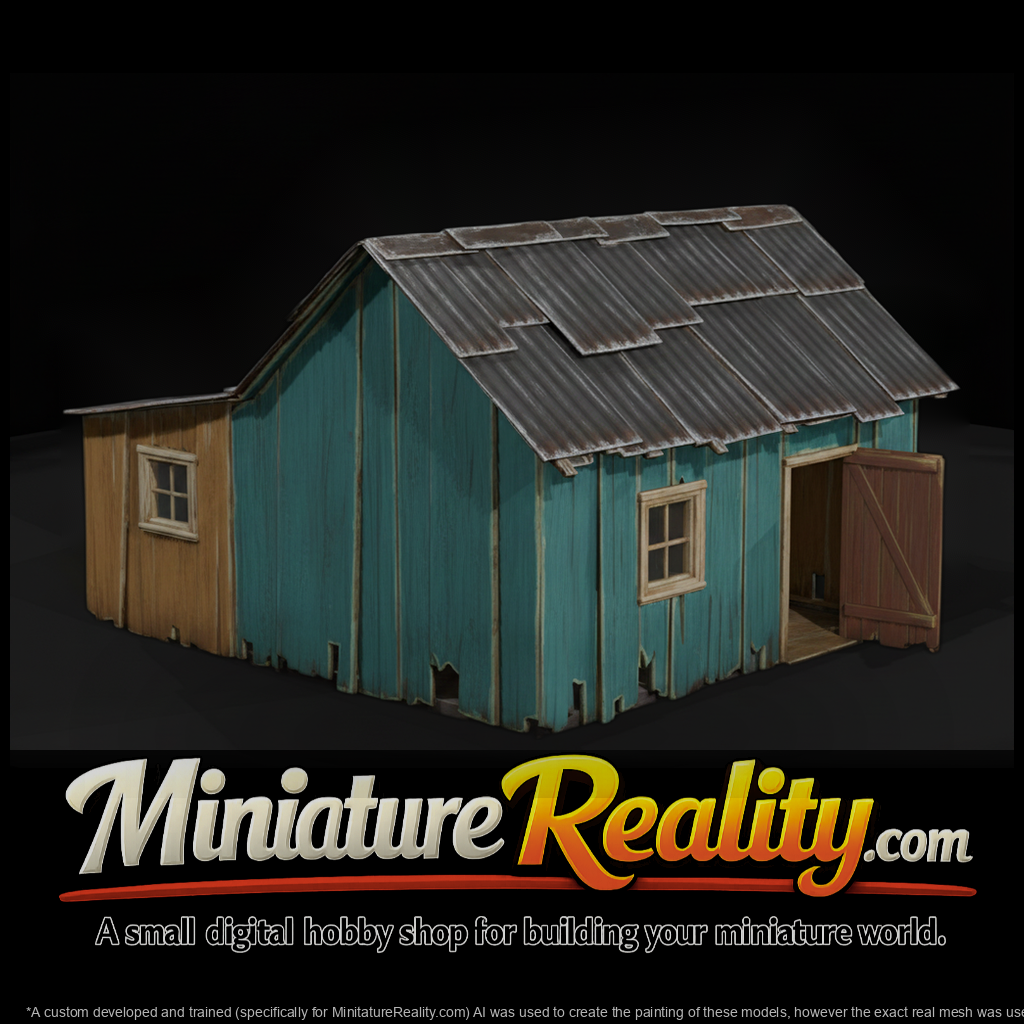 Weathered Wooden Barn Shack miniature, three-quarter view
