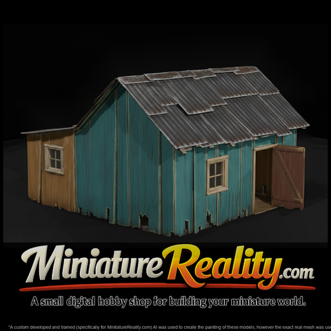 Weathered Wooden Barn Shack miniature, three-quarter view