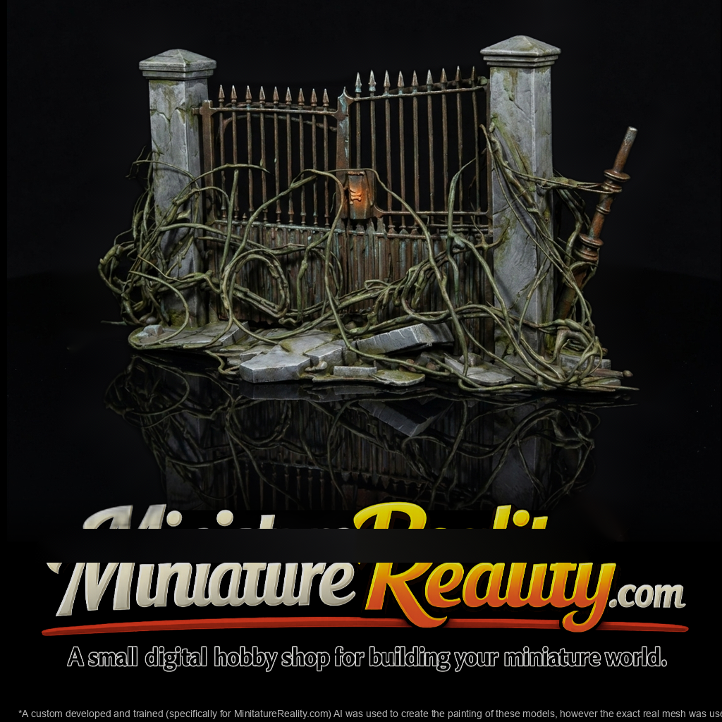 Damaged Ornamental Wrought-Iron Gate with Stone Posts