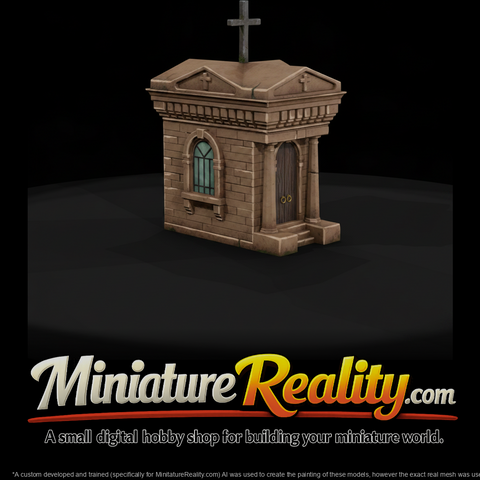 Weathered Stone Mausoleum miniature, three-quarter view
