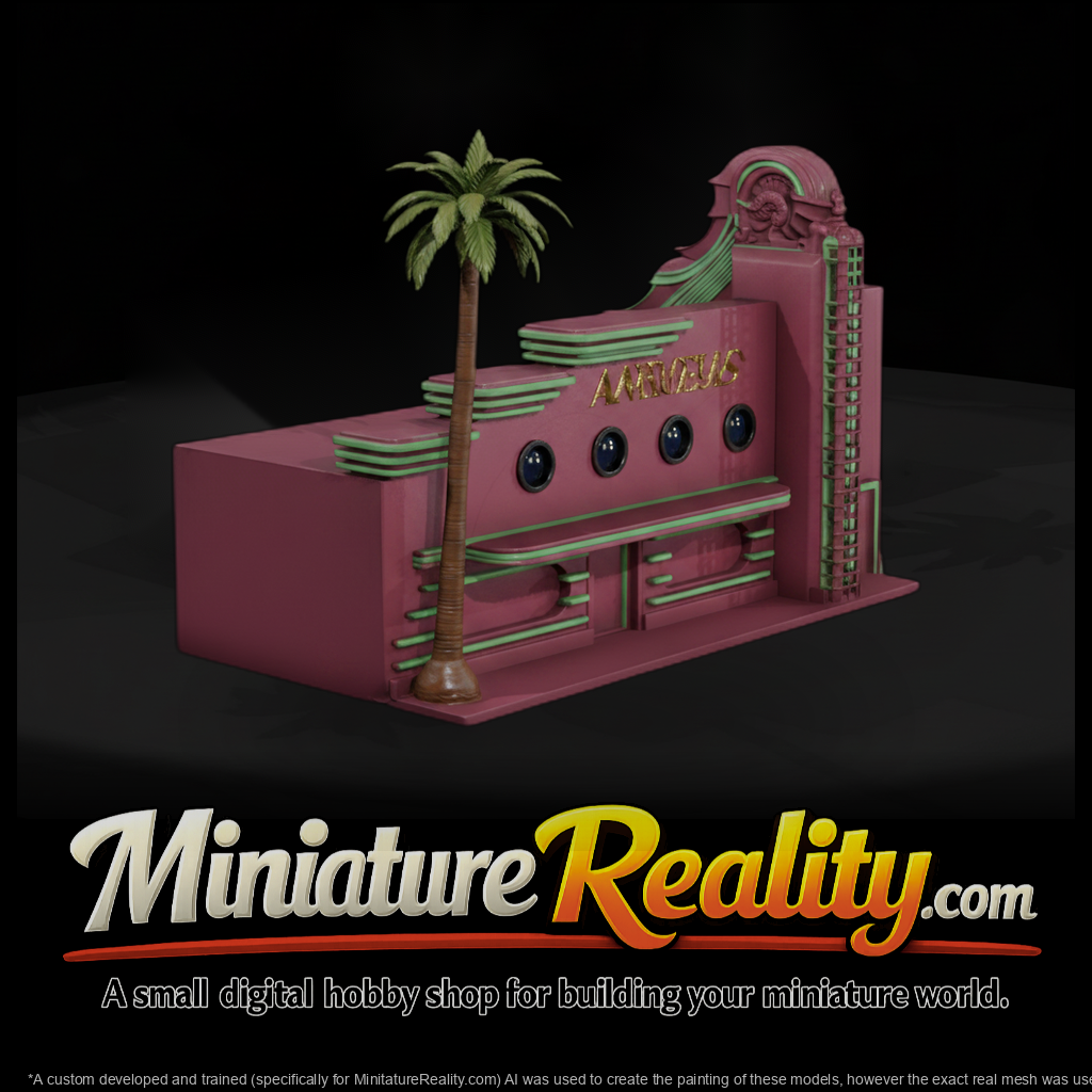 Pink Art Deco Building miniature, three-quarter view