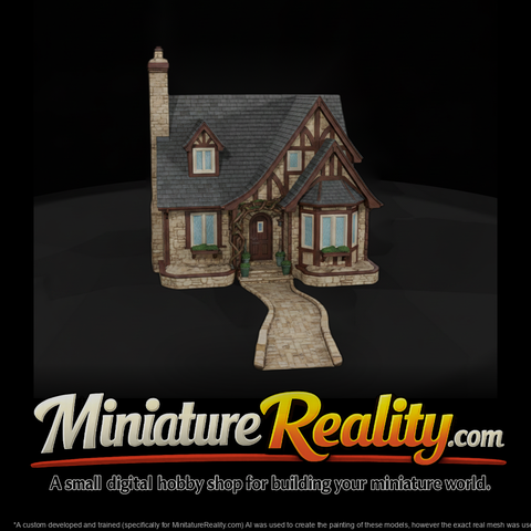 Fairytale Stone Cottage Garden miniature, three-quarter view