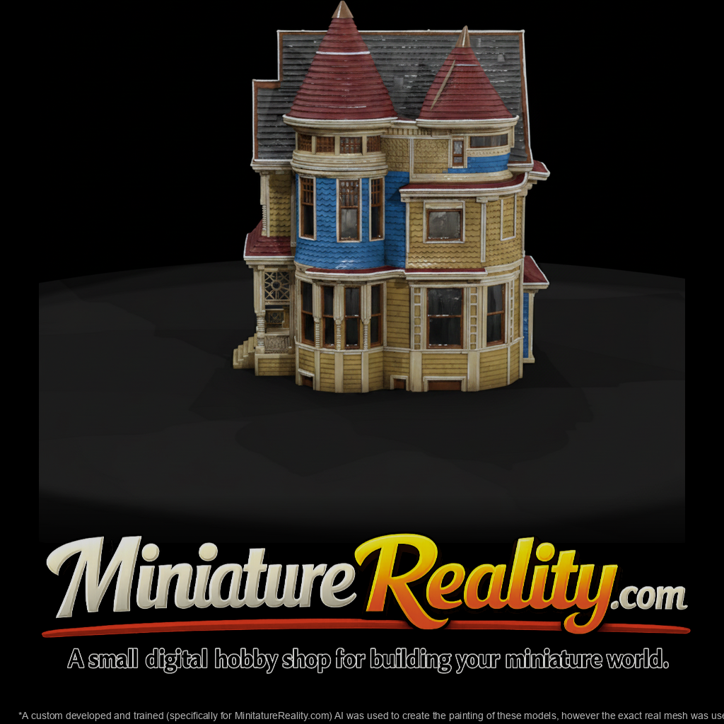 Victorian queen anne house 2 miniature, three-quarter view