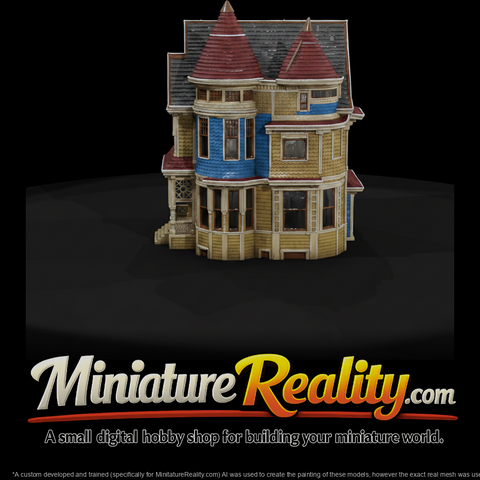 Victorian queen anne house 2 miniature, three-quarter view