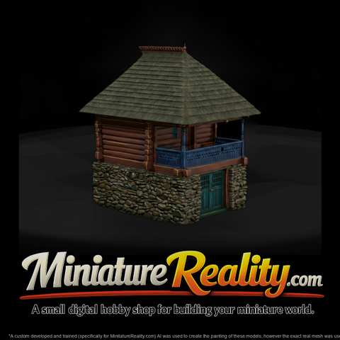 Old Wooden House Stone Foundation miniature, three-quarter view