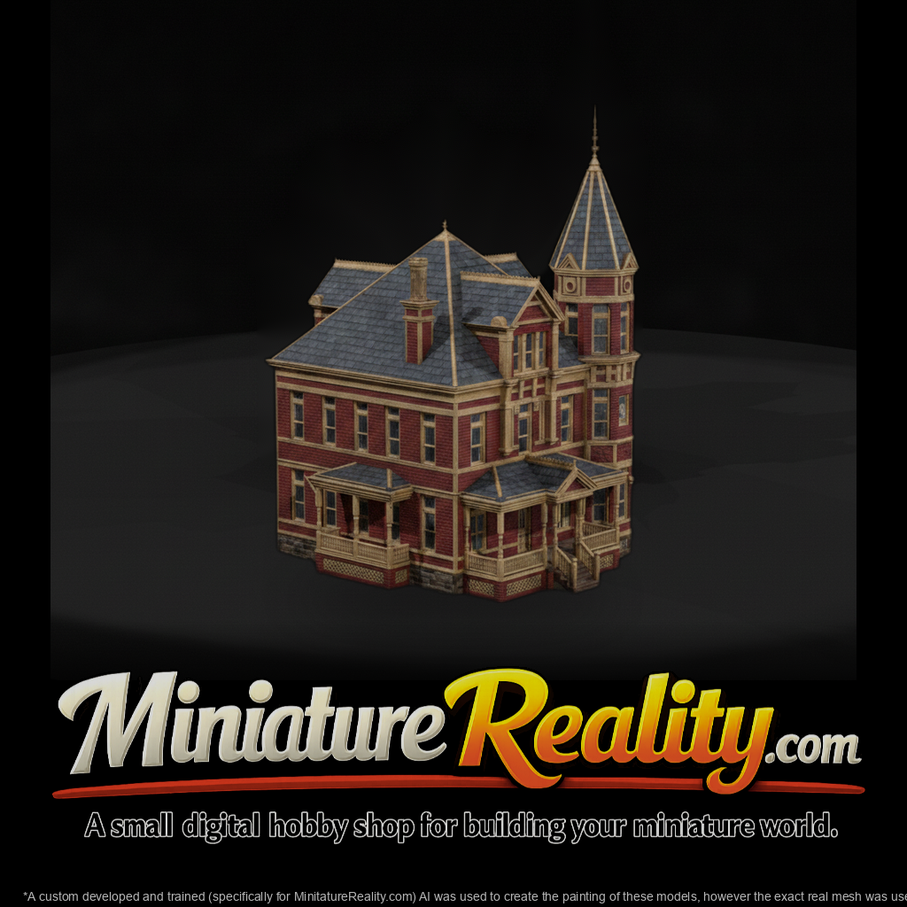 Red Brick Turret House miniature, three-quarter view
