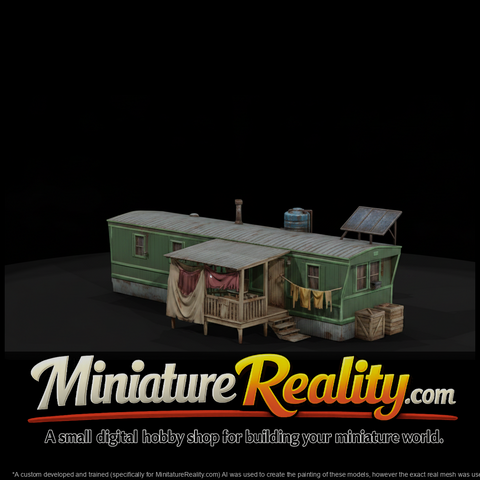 Green Mobile Home in Woods miniature, three-quarter view