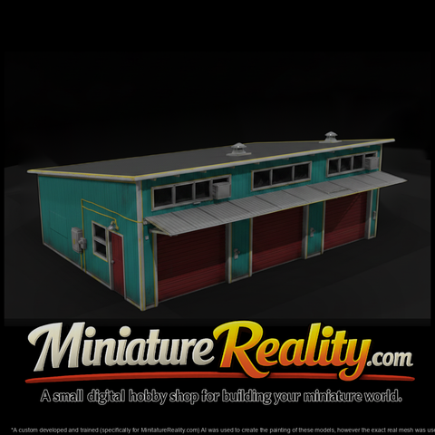 Weathered Metal Garage miniature, three-quarter view