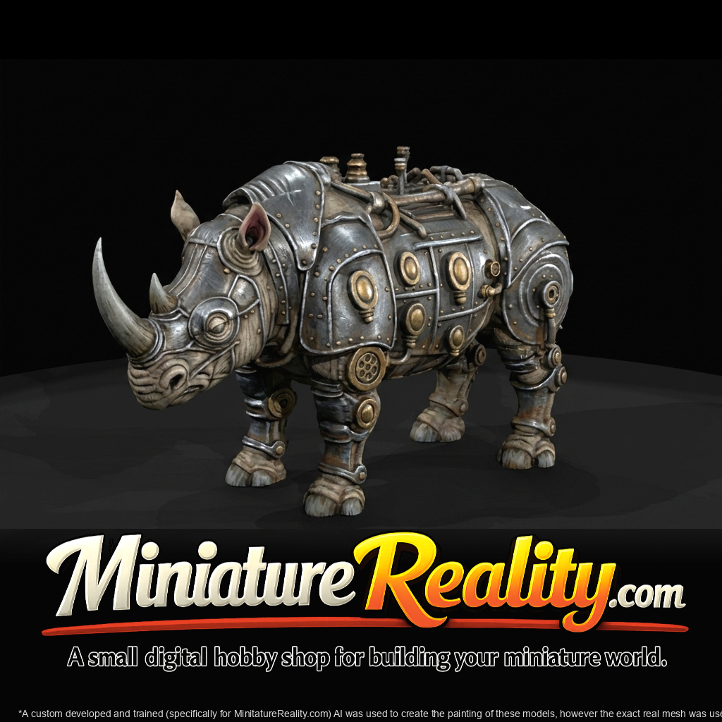 Nightmare Clockwork Rhino miniature, three-quarter view