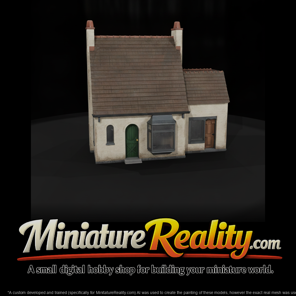 Small White Brick House miniature, three-quarter view