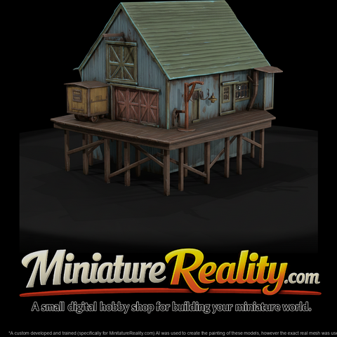 Small industrial waterfront warehouse on raised timber platform pier with attached ancillary shed trailer and overhead j miniature, three-quarter view