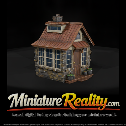Garden Stone Greenhouse miniature, three-quarter view