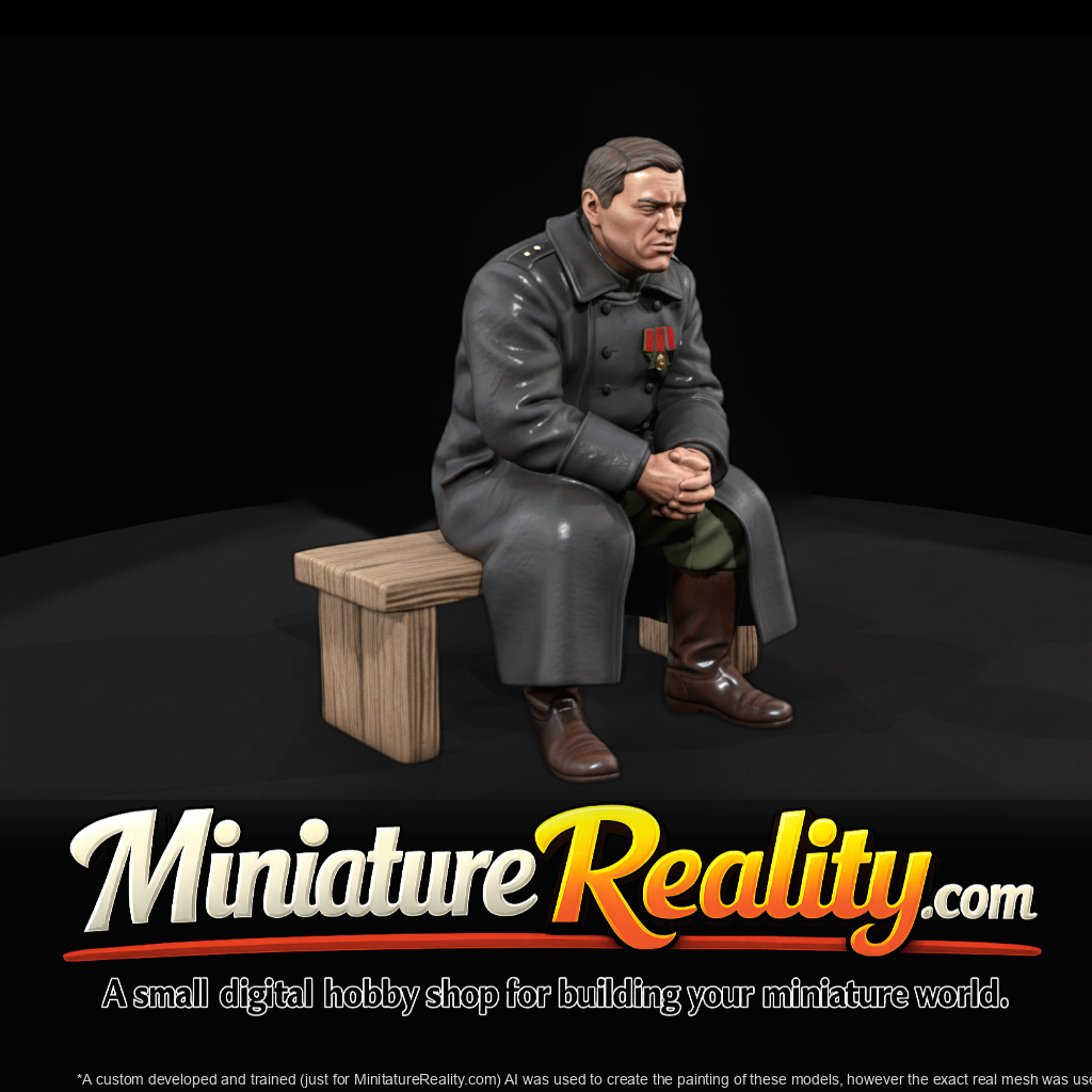 Seated WWII Soldier — Male (Greatcoat) miniature, three-quarter view