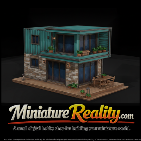 Modern Shipping Container House miniature, three-quarter view