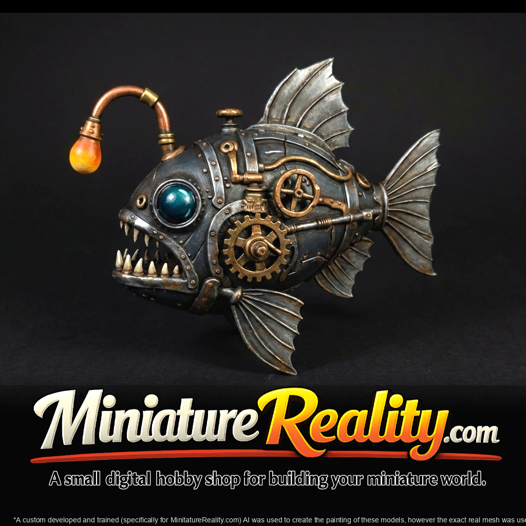 Nightmare Clockwork Creatures Clockwork Piranha miniature, three-quarter view