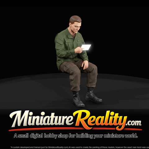 Modern Seated Soldier miniature, three-quarter view