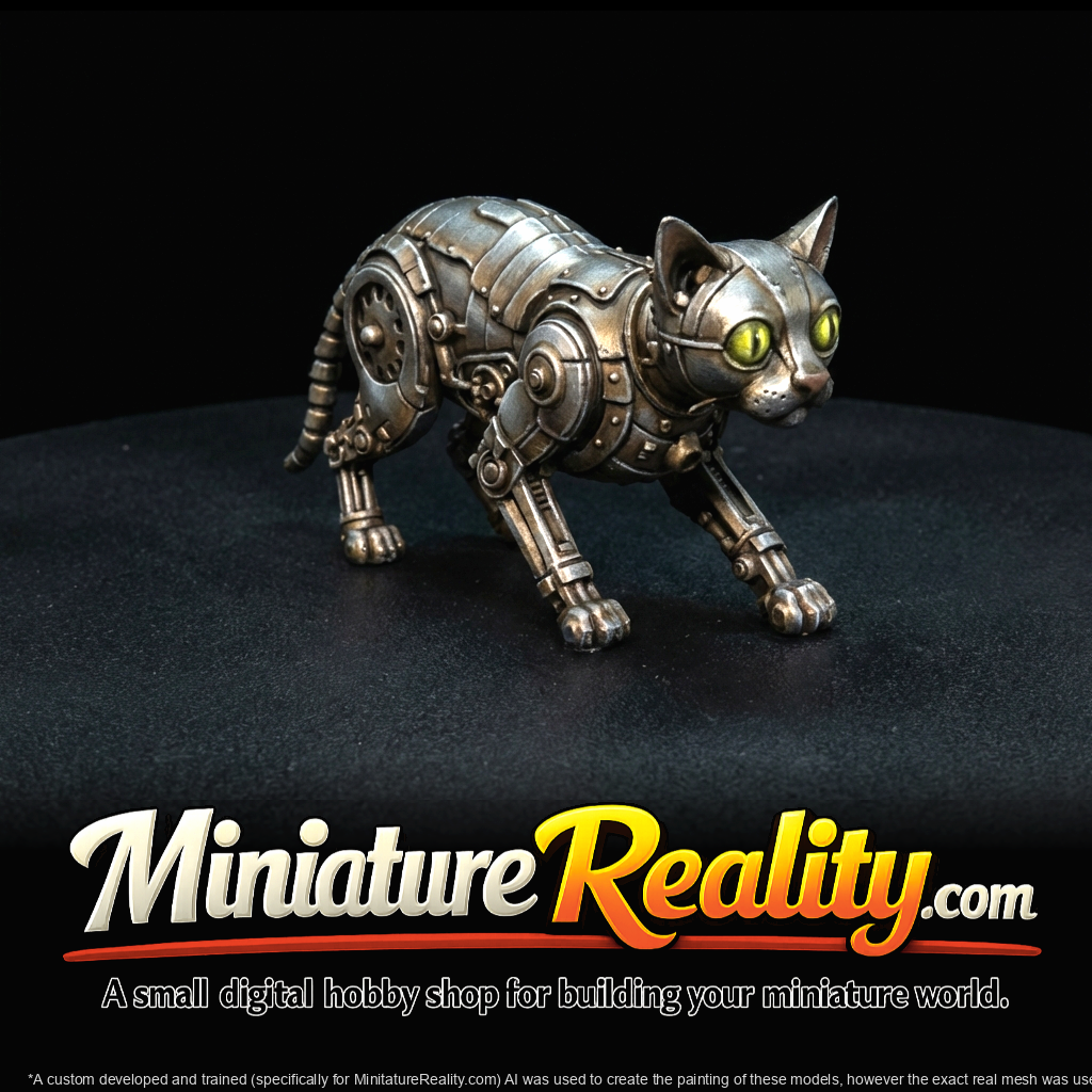 Vintage Clockwork Automaton Cat - Steampunk miniature, three-quarter view