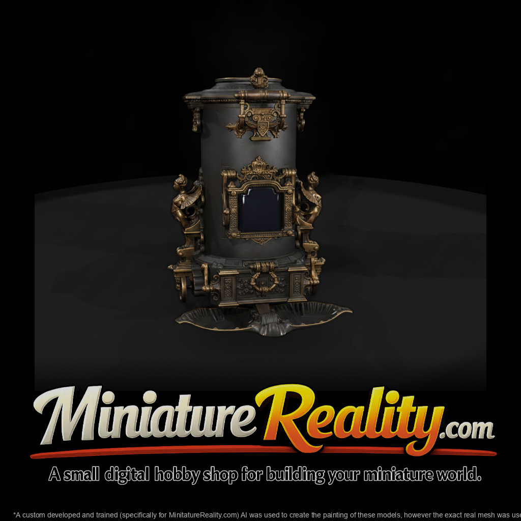 Ornate Cast Iron Stove miniature, three-quarter view