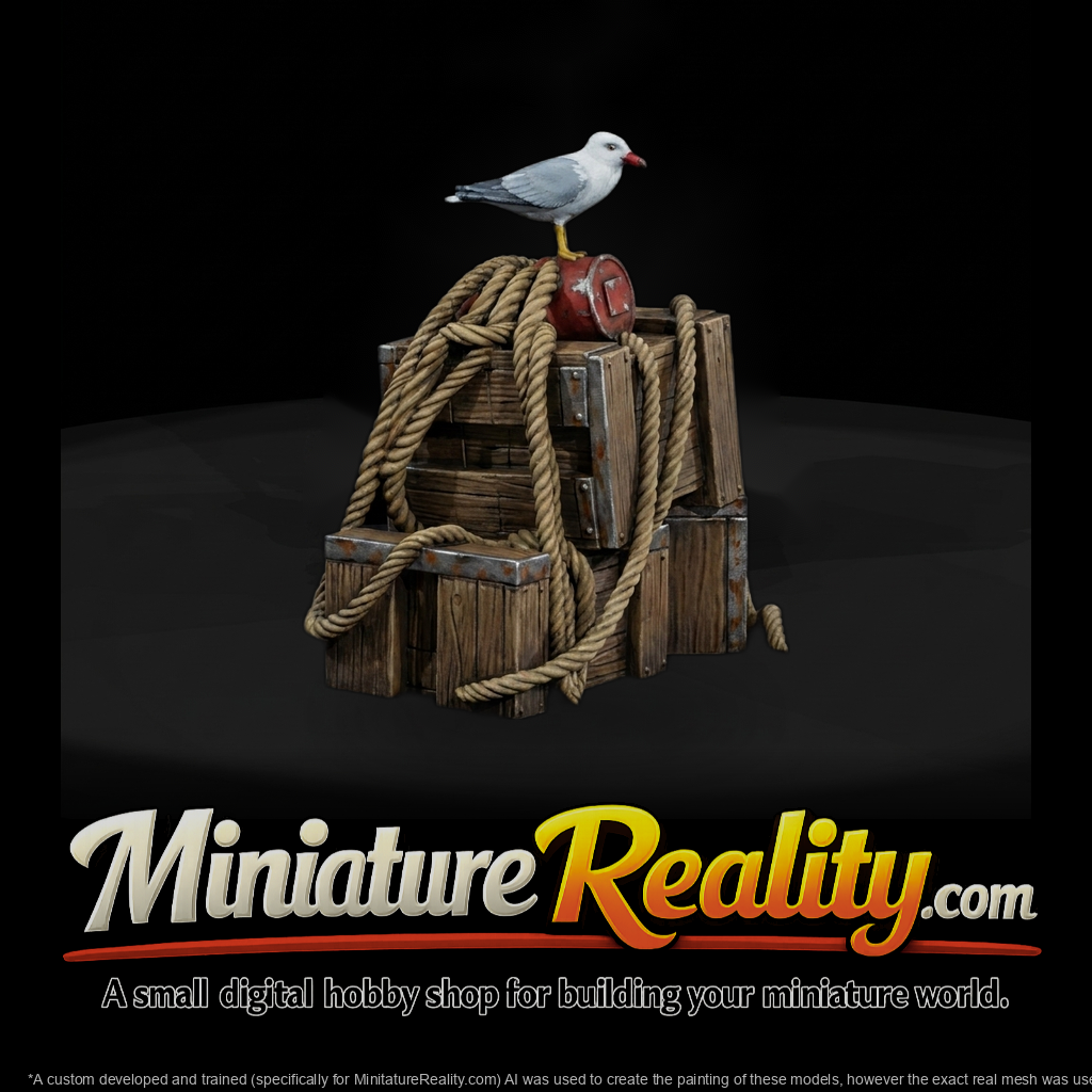 Dockside Crates & Seagull miniature, three-quarter view