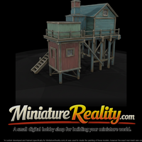 Small wooden stilt houses on a raised platform pier-style structure miniature, three-quarter view — thumbnail 1