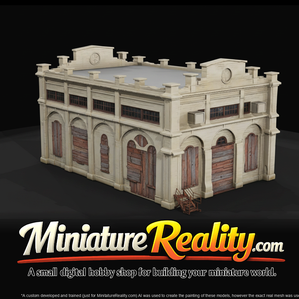 Boarded-Up Two-Story Brick Warehouse miniature, three-quarter view
