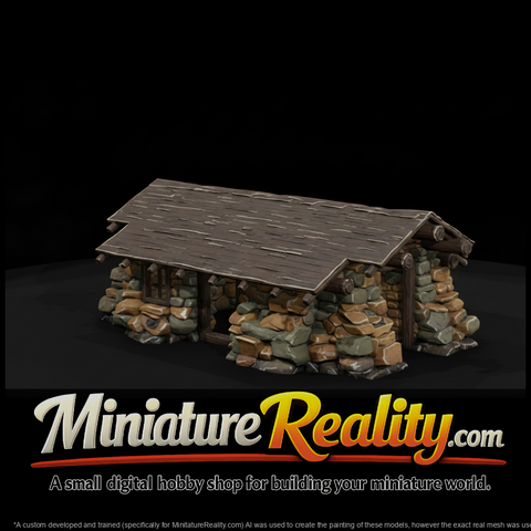 Rustic Stone Cabin miniature, three-quarter view
