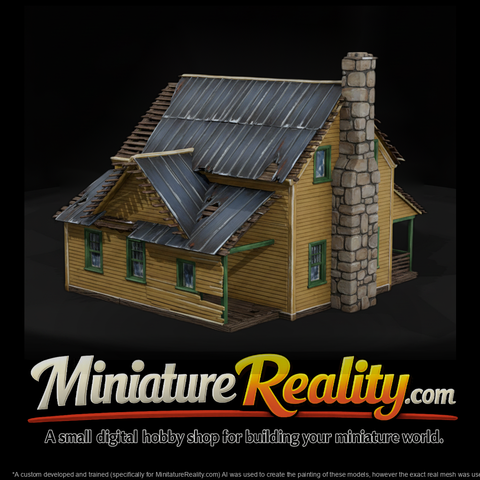Dilapidated Wooden House miniature, three-quarter view
