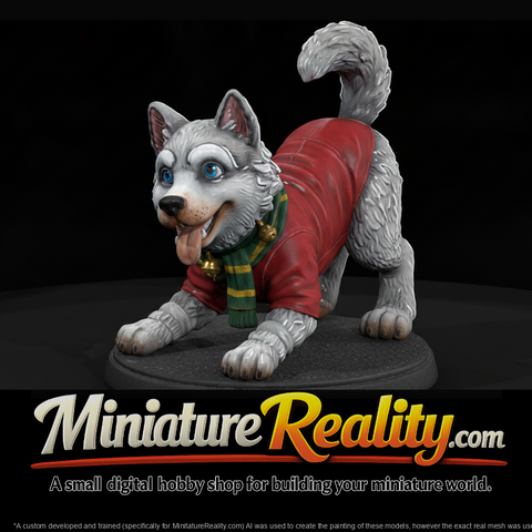 Husky in Red Coat and Holiday Scarf