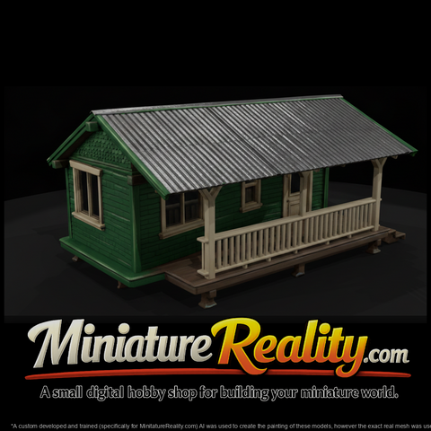 Green Shingle Cabin miniature, three-quarter view